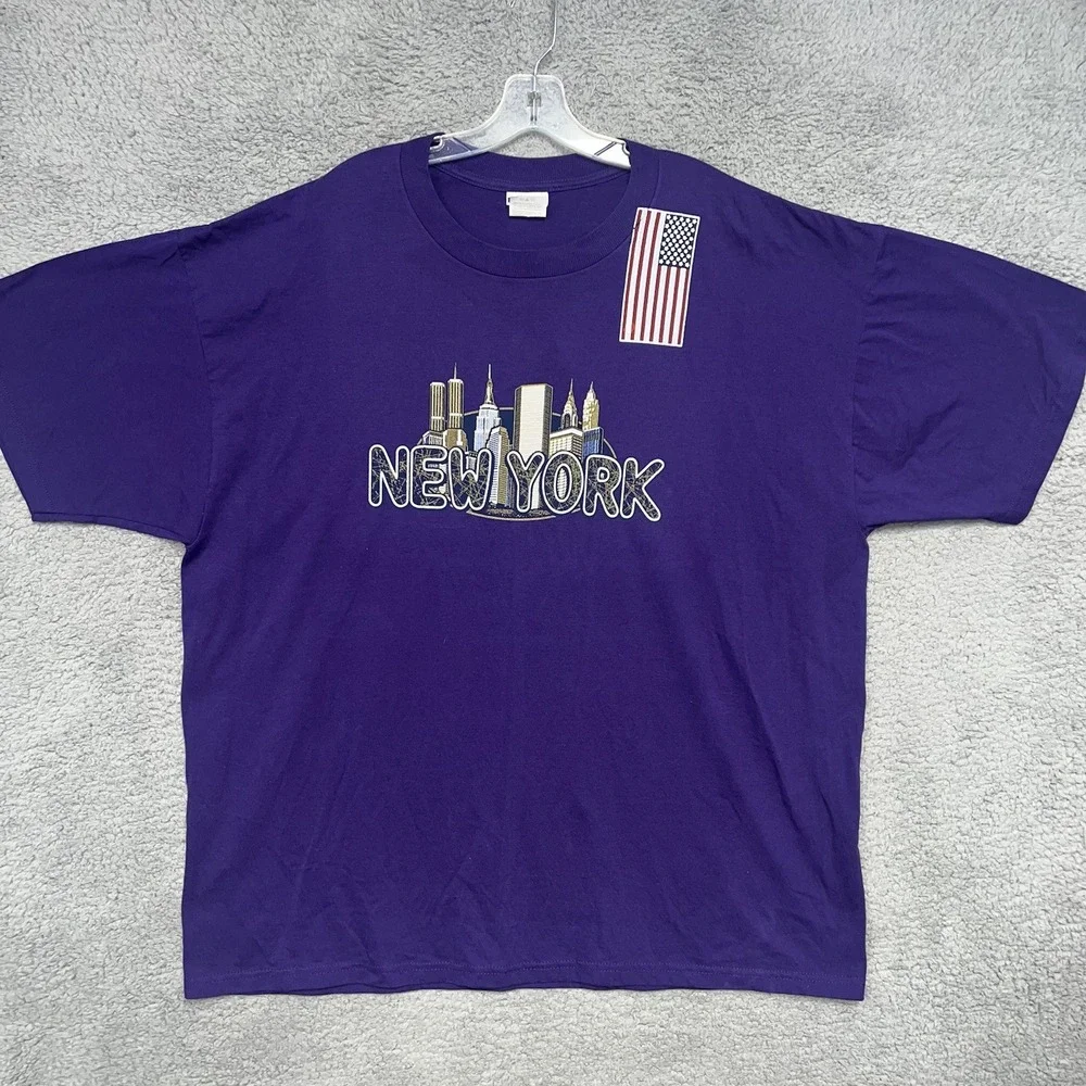 VTG JERZEES New York City T Shirt Mens 2XL XXL Purple Bubble Letters Skyline Tee